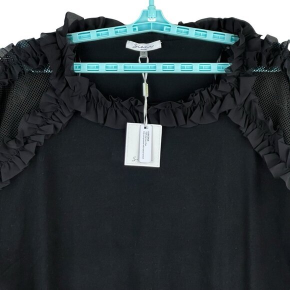 NWT Sioni Milano Women's Mesh Ruffle Shoulder Black Blouse Size 1X Luscious Knit - Picture 3 of 11
